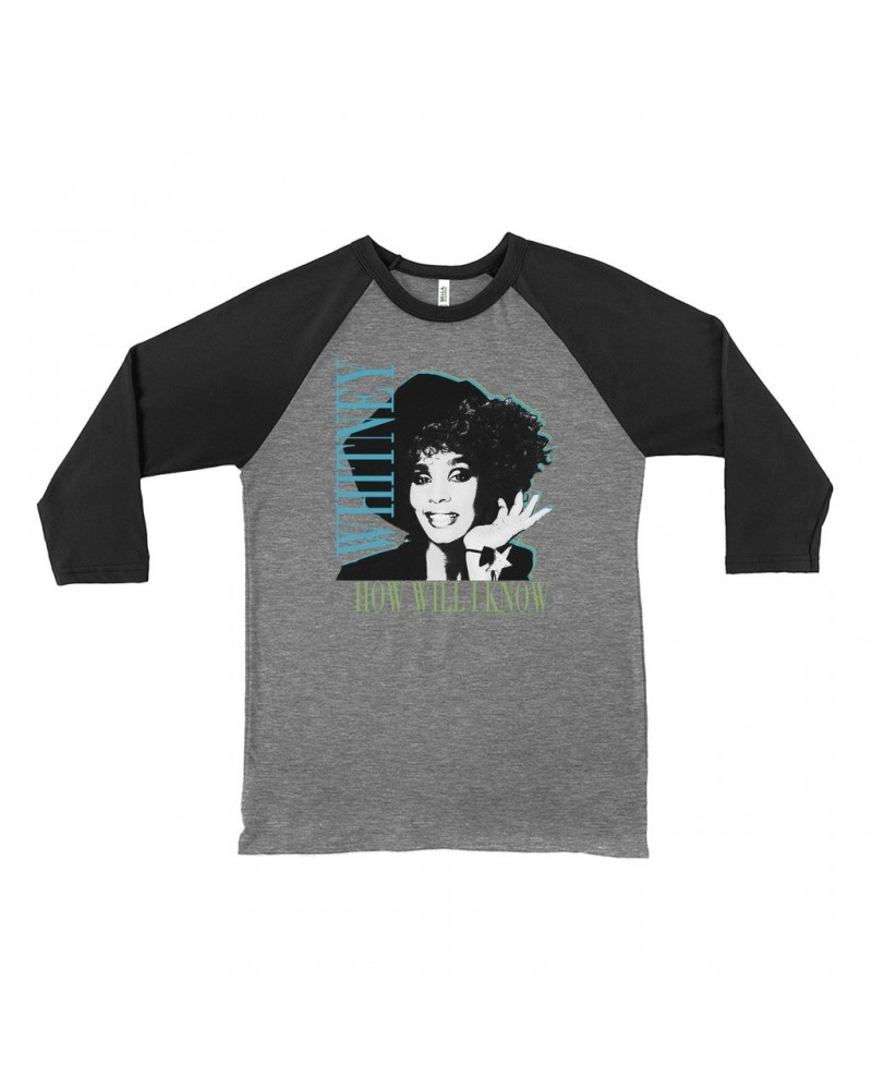 Whitney Houston 3/4 Sleeve Baseball Tee | How Will I Know Negative Design Shirt $9.11 Shirts