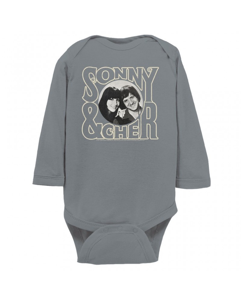 Sonny & Cher Long Sleeve Bodysuit | Retro Logo And Photo Distressed Bodysuit $11.51 Shirts