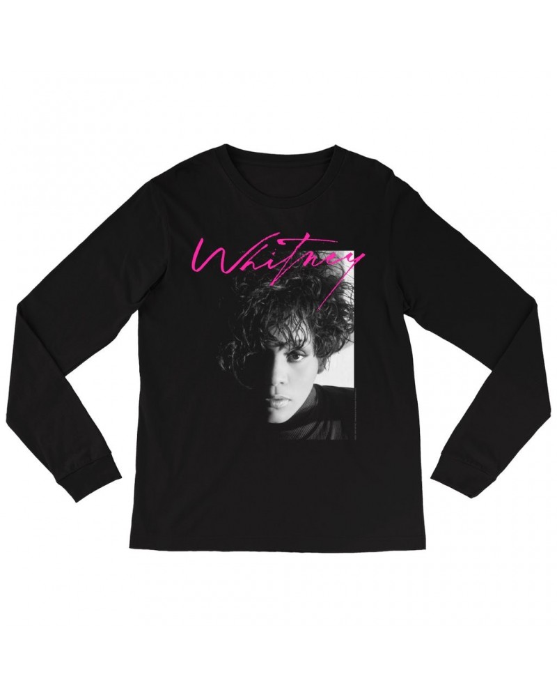 Whitney Houston Long Sleeve Shirt | Dramatic Lighting Photo And Pink Signature Image Shirt $10.24 Shirts